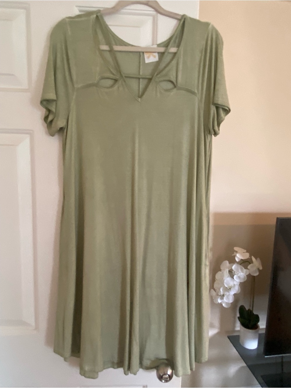 Light Olive Green Swing Dress with Keyhole Detail